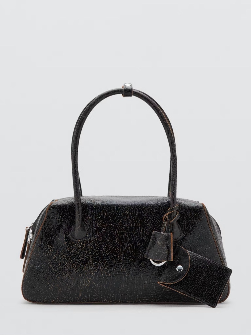 Mango Black Cracked Leather Satchel with charms